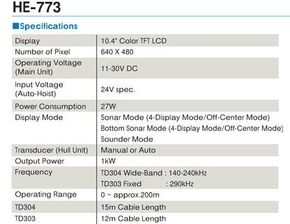HE-773-DI-mk3+td304 Sonar 10.4" premium display, td304 140-240khz transducer, pipe